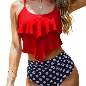 Elegant Red Layered Bikini with Polka Dot Bottoms